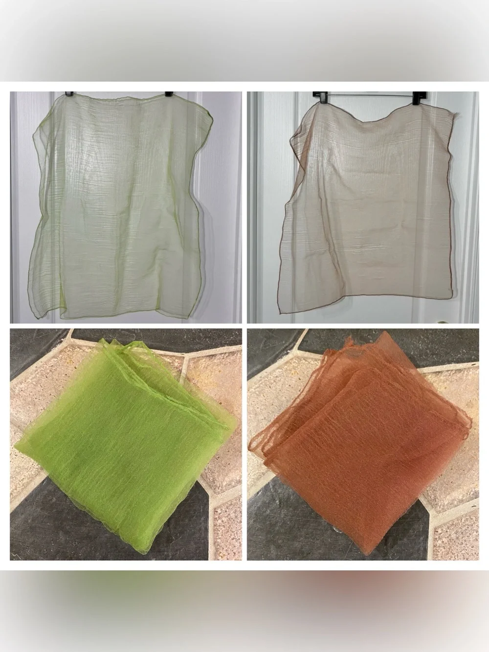 Vintage 2 Pc Mid Century Chiffon Square Scarf Lot Green Brown Sheer 25”